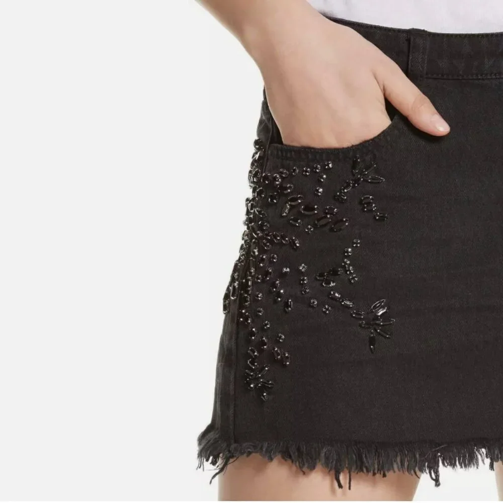 Free People Skirt 6 Black Mini Stretch Denim Crystal Beaded Frayed